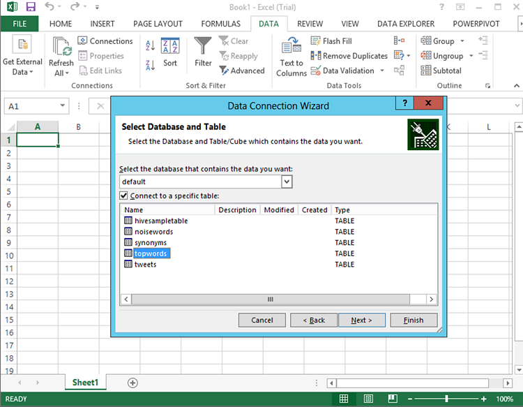 Figure 1 - Using the Data Connection Wizard to access a Hive table from Excel