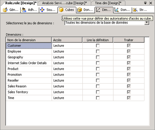 Onglet Dimensions du Concepteur de rôles