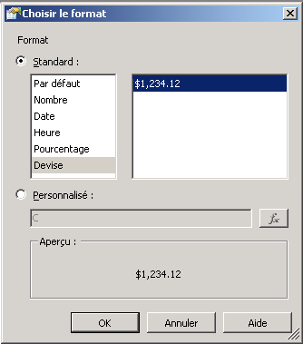 Boîte de dialogue Choisir le format
