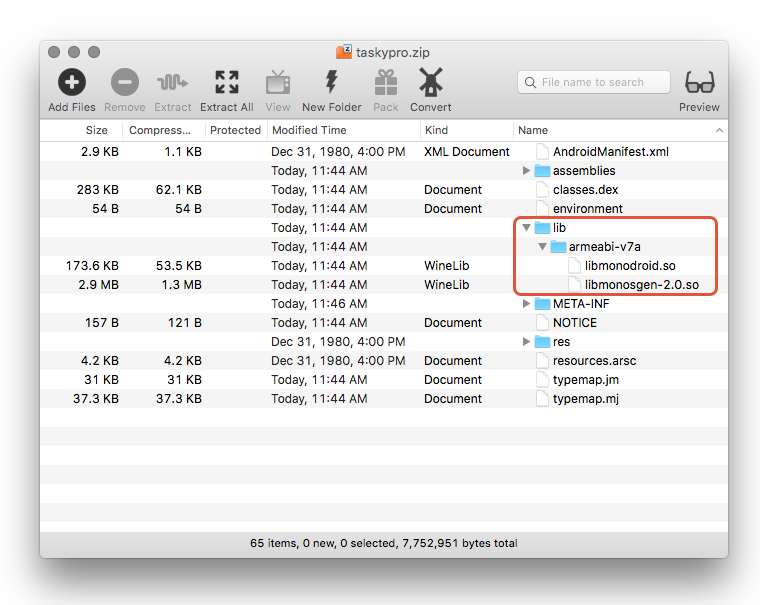 Capture d’écran de fichiers .so dans le dossier armeabi-v7a de taskypro.zip