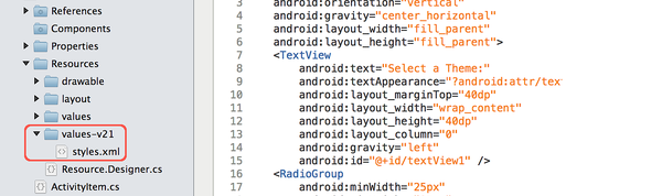 Emplacement de styles.xml dans le dossier Resources/values-21.xml