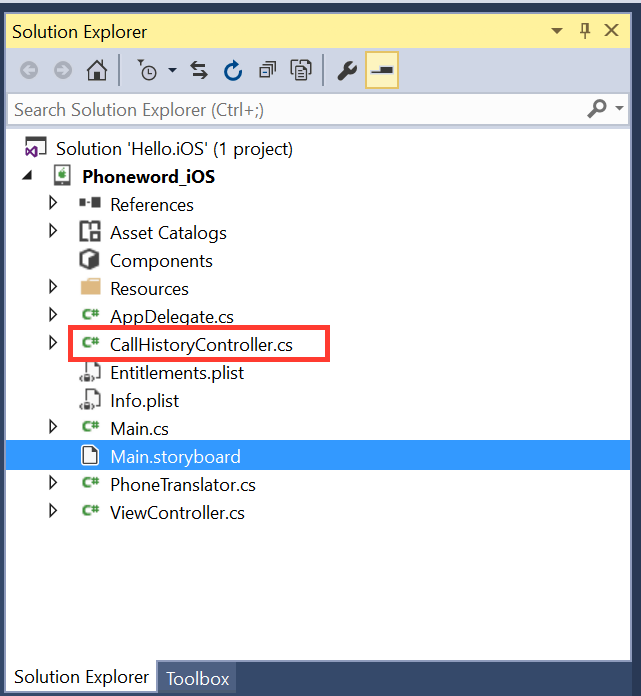 Le fichier CallHistoryController.cs s’affiche dans l’Explorateur de solutions