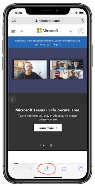 Capture d’écran montrant une page En savoir plus Microsoft Teams avec l’icône Partager mise en évidence sur un appareil mobile.