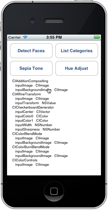 La sortie Catégories de liste ressemble à ceci sur le simulateur
