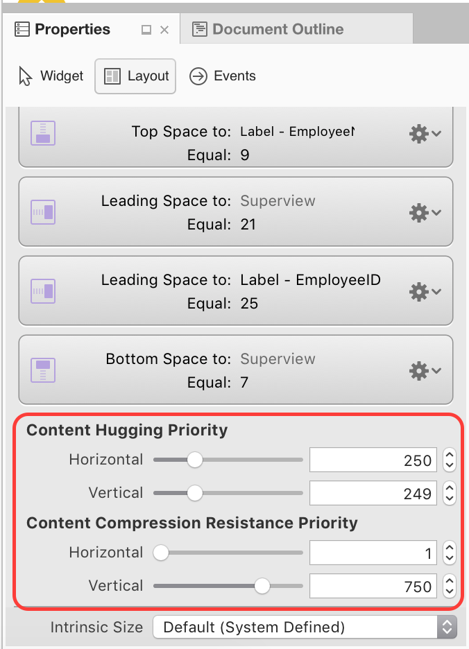 Section Disposition du panneau Propriétés
