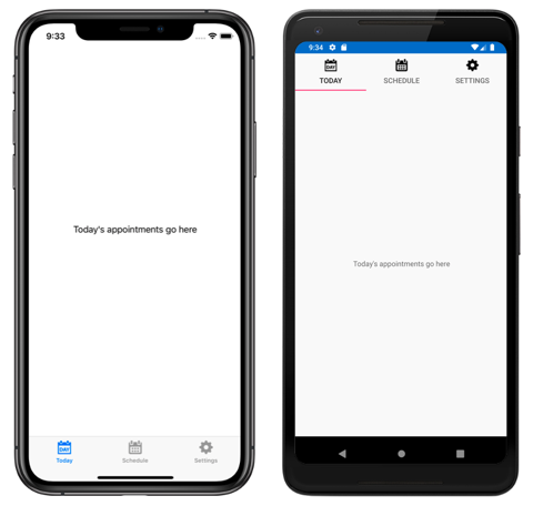 Capture d’écran d’un TabbedPage contenant trois onglets, sur iOS et Android