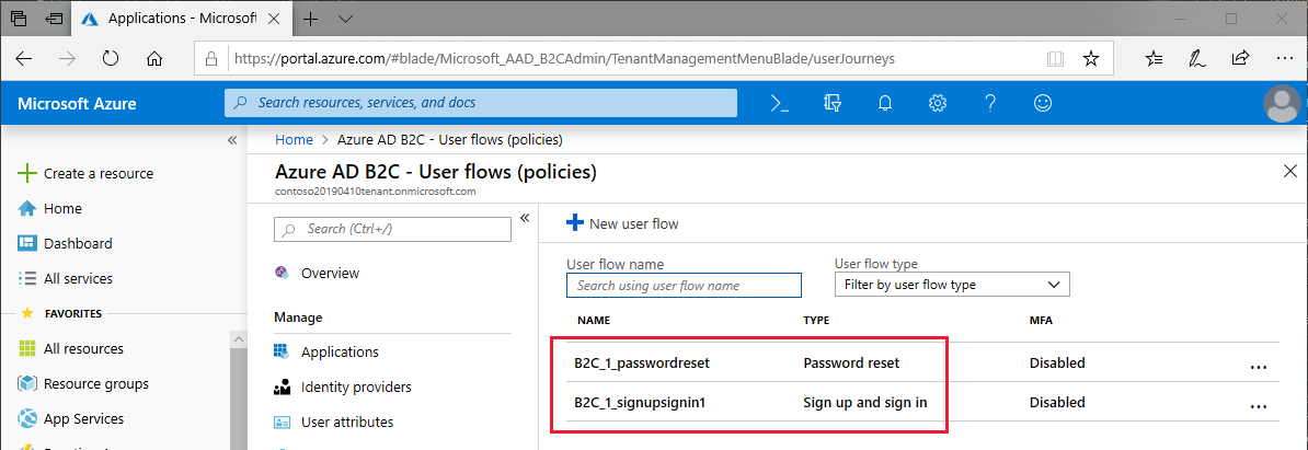 Deux stratégies configurées dans la vue Flux d’utilisateurs Azure (stratégies)