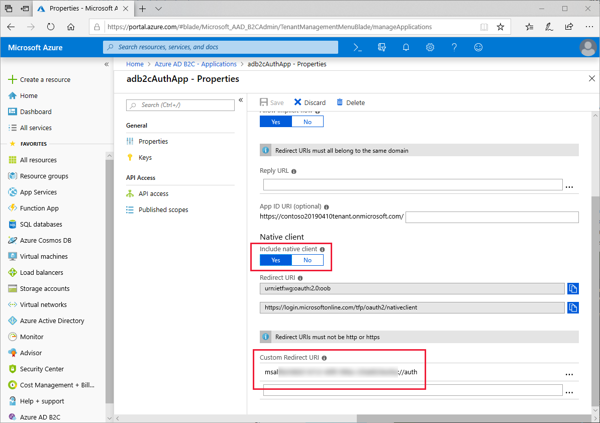 URI de redirection personnalisé dans la vue des propriétés de l’application Azure