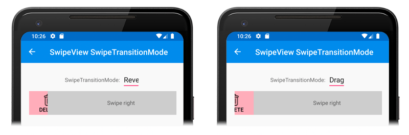 SwipeTransitionModes sur Android Capture d’écran de SwipeView SwipeTransitionModes, sur Android