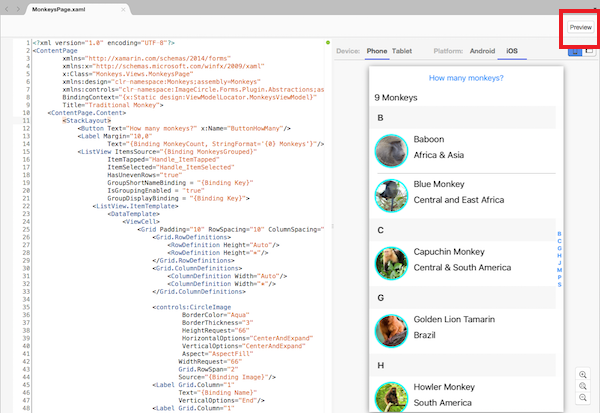 Xamarin.Forms Aperçu activé avec le bouton aperçu ou fractionné