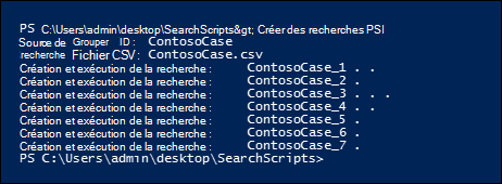 Exemple de sortie de l’exécution du script pour créer plusieurs recherches de conformité.