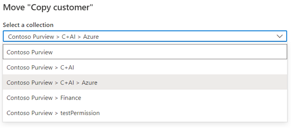 Capture d’écran de la fenêtre contextuelle du portail de gouvernance Microsoft Purview avec le menu déroulant Sélectionner une collection mis en évidence.