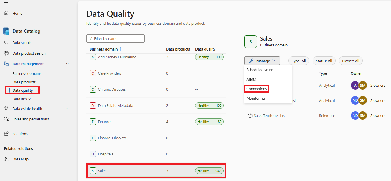 Screenshot of the connections page in Microsoft Purview Data Quality.