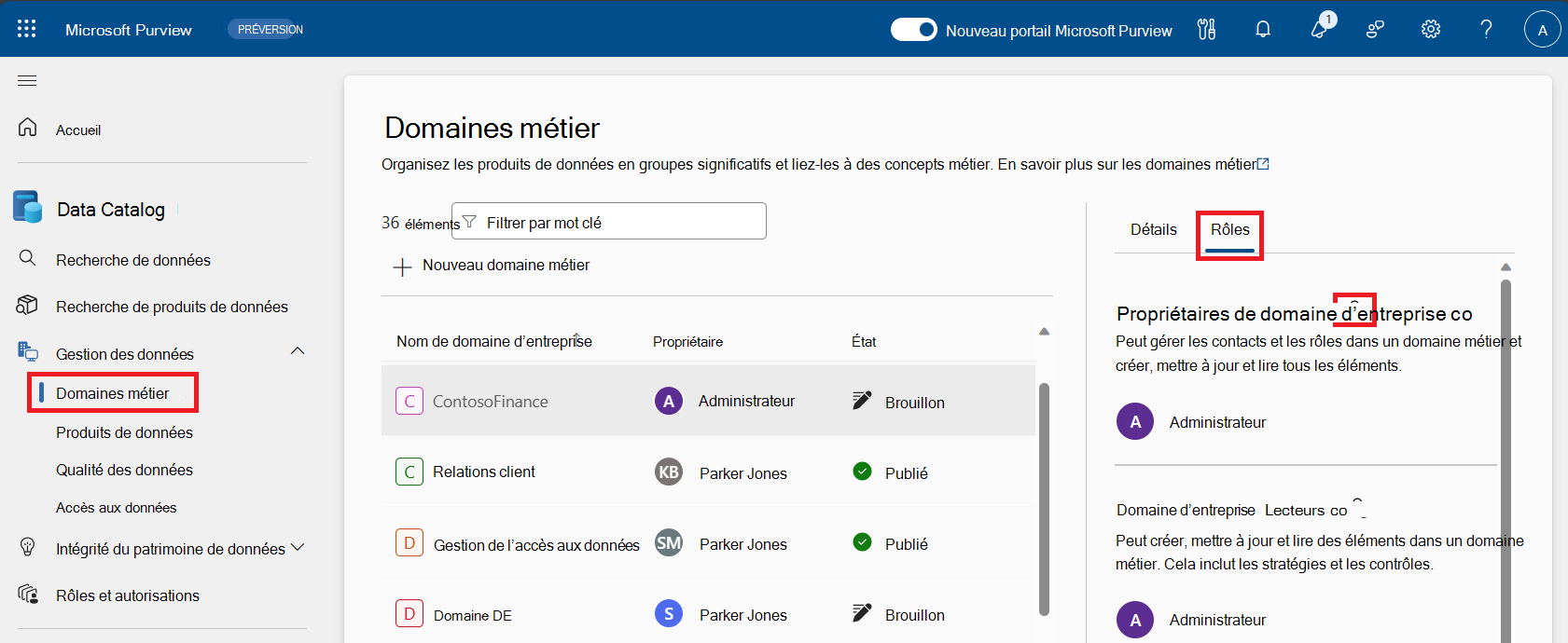 Screenshot of the business domains roles page with the edit button highlighted.