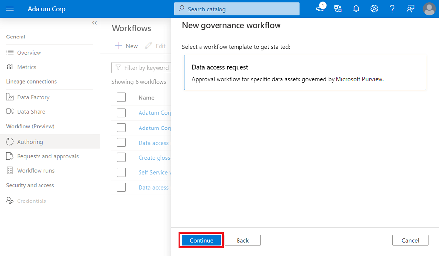 Capture d’écran montrant le nouveau panneau de workflow, avec le modèle de demande d’accès aux données sélectionné.