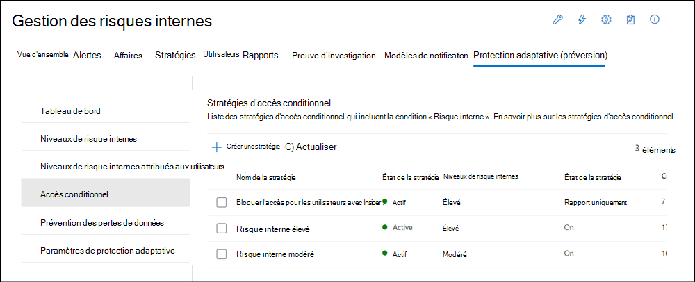 Stratégies d’accès conditionnel de protection adaptative de la gestion des risques internes.