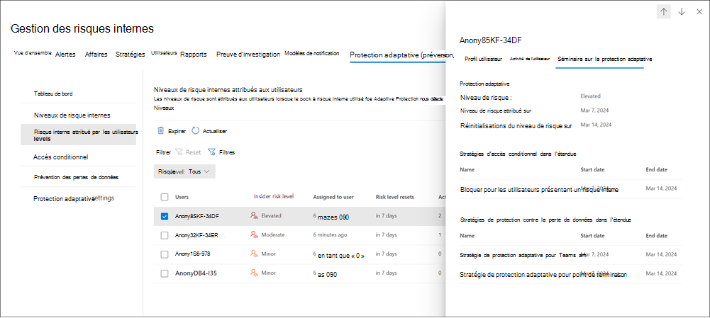 Détails utilisateur de la protection adaptative de la gestion des risques internes.