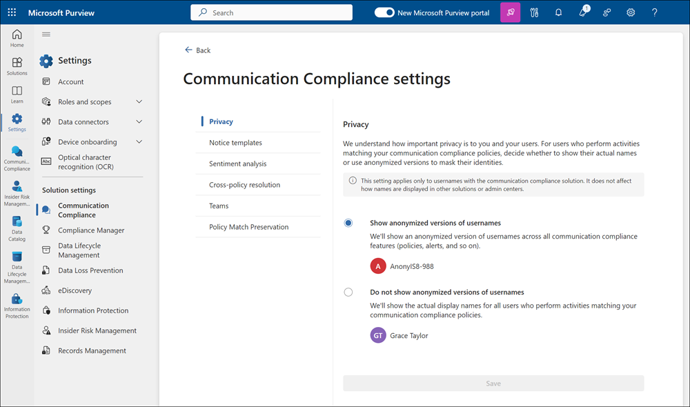 Paramètres de la solution du portail Microsoft Purview.