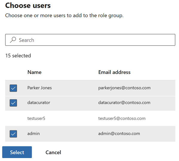 Capture d’écran du menu Choisir des utilisateurs, montrant plusieurs utilisateurs sélectionnés et un non sélectionné.