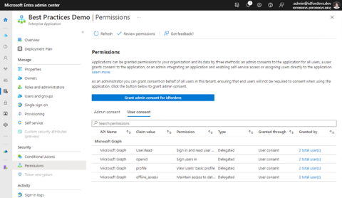 Capture d’écran du Centre d’administration Microsoft Entra « Autorisations » qui affiche les détails des demandes d’application existantes.
