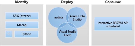 Identifiez les sources (R, Python, SSIS, dtexec), déployez-les avec la ligne de commande, Azure Data Studio ou Visual Studio Code et consommez-les avec une planification d’API RESTful interactive.