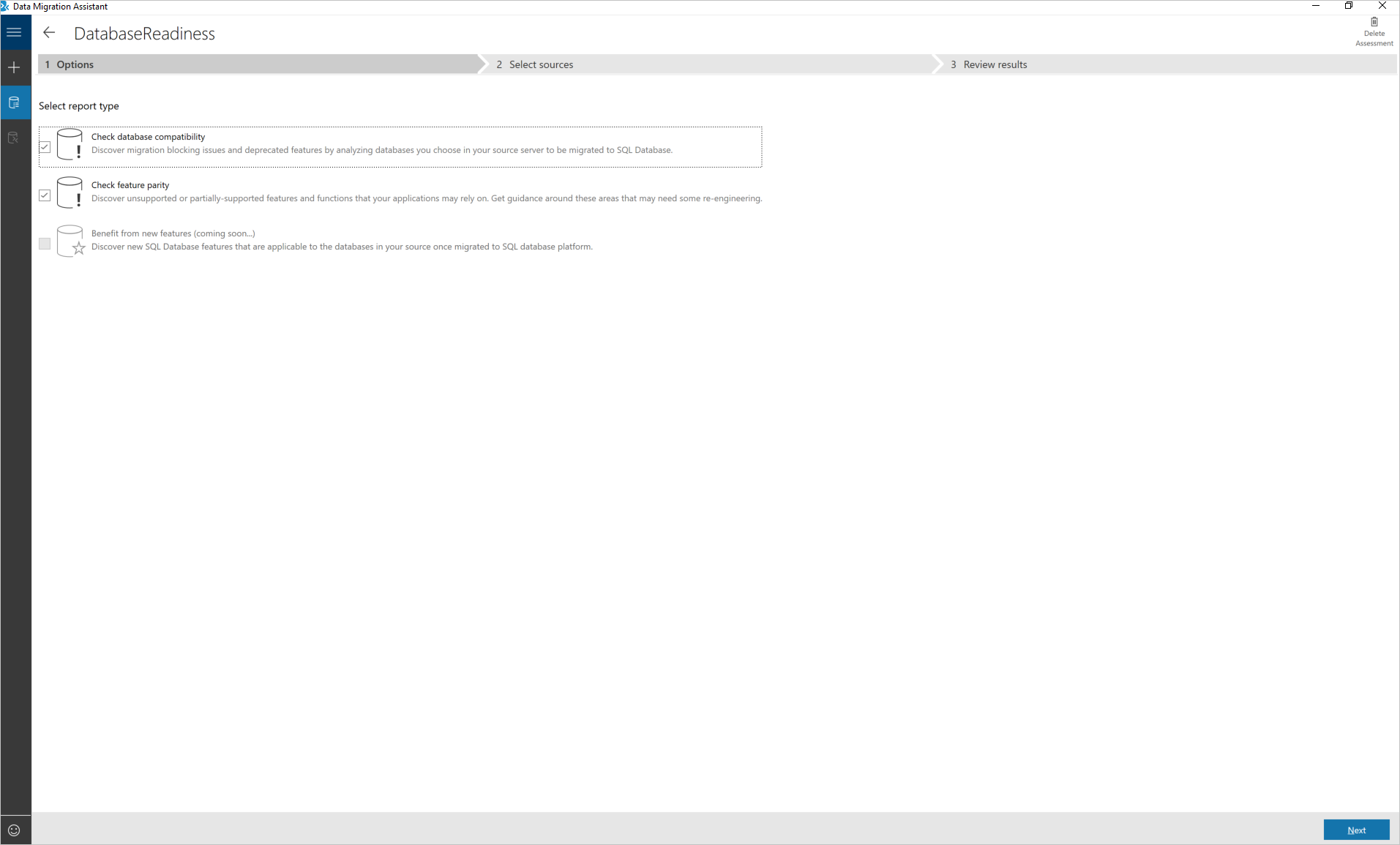 Capture d’écran d’Azure Migrate - Assistant Migration de données - Écran Options d’évaluation.