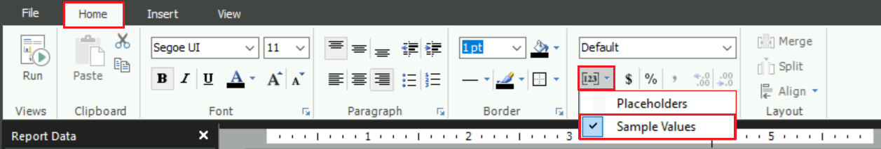 Capture d’écran montrant comment sélectionner l’option Exemples de valeurs pour les espaces réservés dans Générateur de rapports.