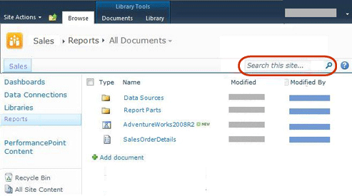 Capture d’écran de la bibliothèque SharePoint avec éléments de serveur de rapports.