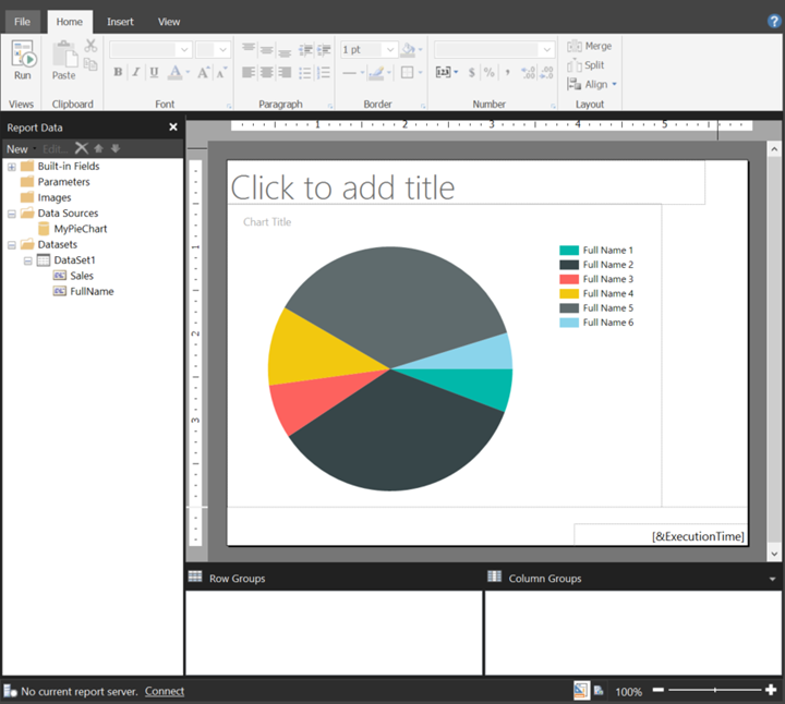 Screenshot of the Report Builder New Pie in Design View.