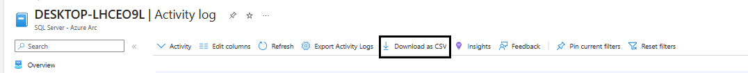 Capture d’écran des journaux d’activité SQL Server avec Arc - Fonctionnalité Télécharger au format CSV.