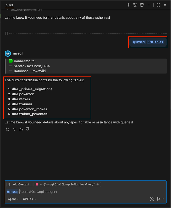 Capture d’écran de l’utilisation de la commande /listTables slash dans la conversation GitHub Copilot.
