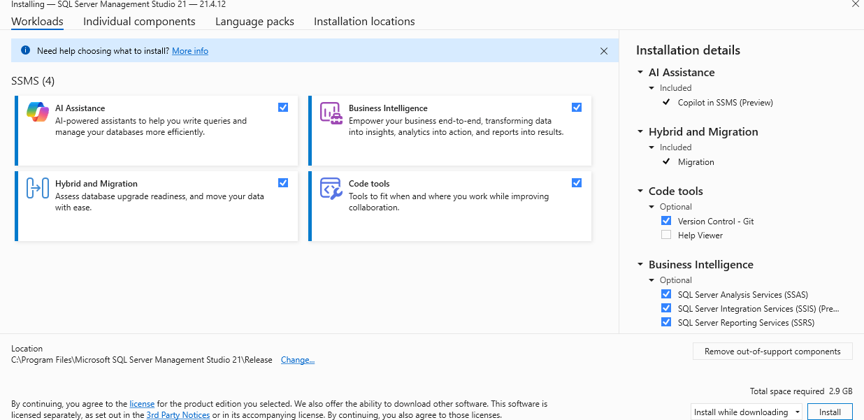 Capture d’écran de la fenêtre Visual Studio Installer montrant la sélection de la charge de travail.