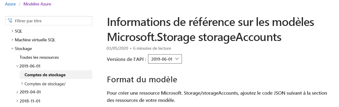 Capture d’écran d’une page de documentation Microsoft montrant la documentation du compte de stockage sélectionnée.