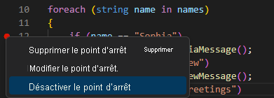 Capture d’écran montrant l’option permettant de désactiver un point d’arrêt dans l’éditeur Visual Studio Code.
