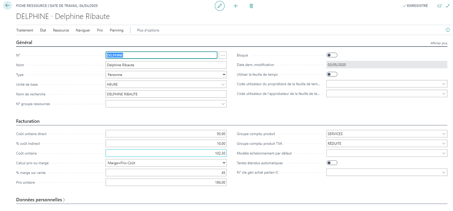 Capture d’écran de la page Fiche ressource dans Business Central.