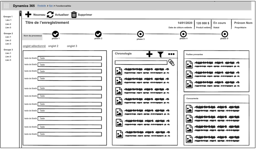 Exemple de maquette d’un formulaire avec des espaces réservés pour le texte et des regroupements de contrôles.