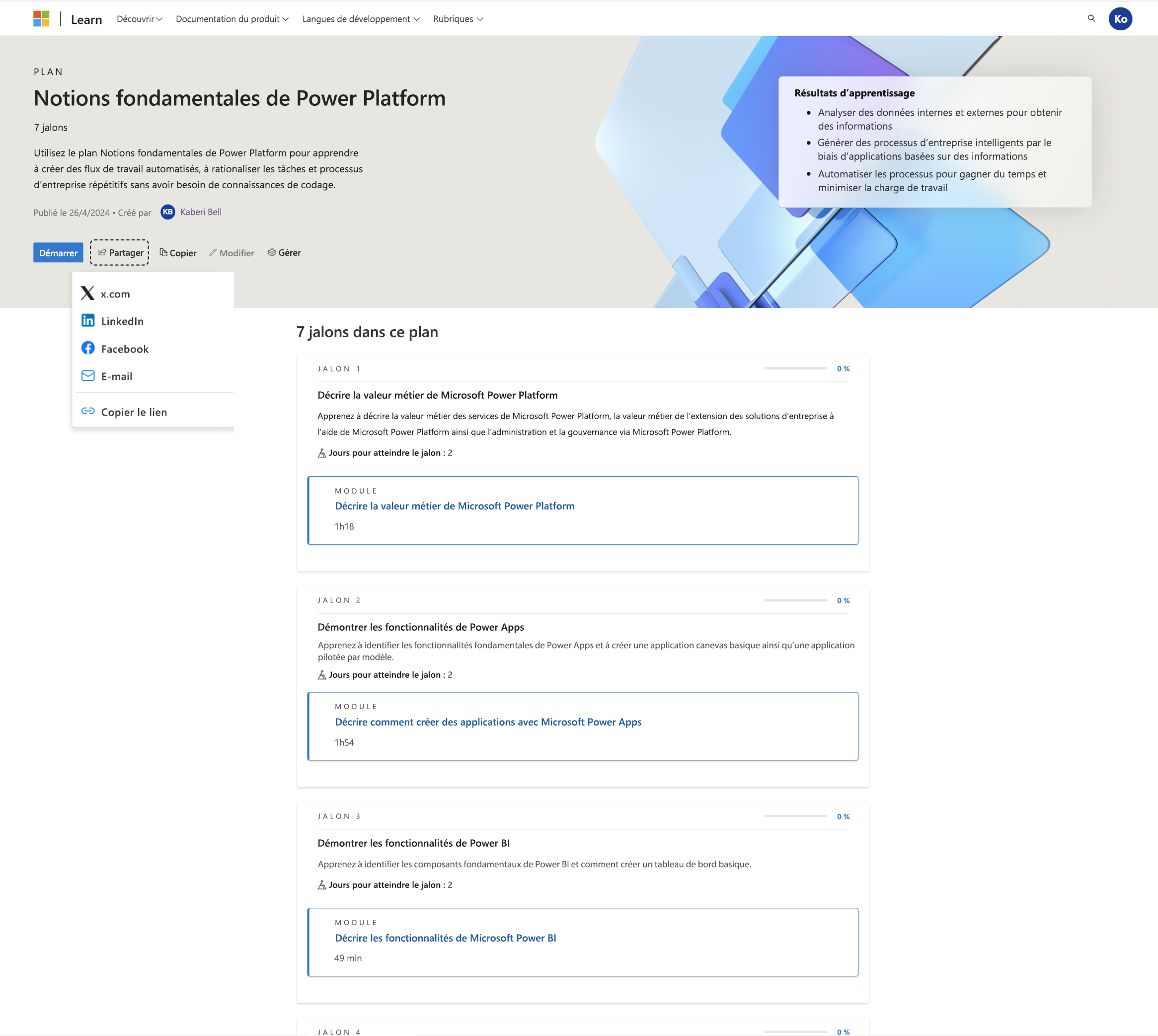 Capture d’écran de la section Plans dans le profil utilisateur Learn et le bouton Partager