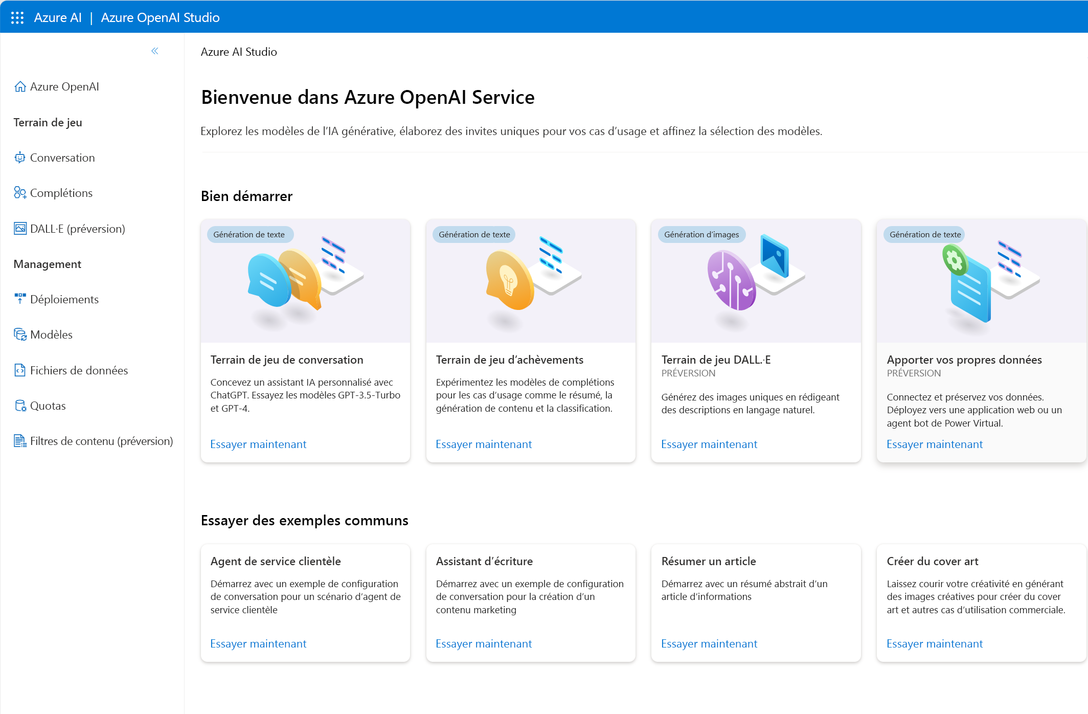 A screenshot of the home page of the Azure OpenAI studio interface which includes quick-start buttons.