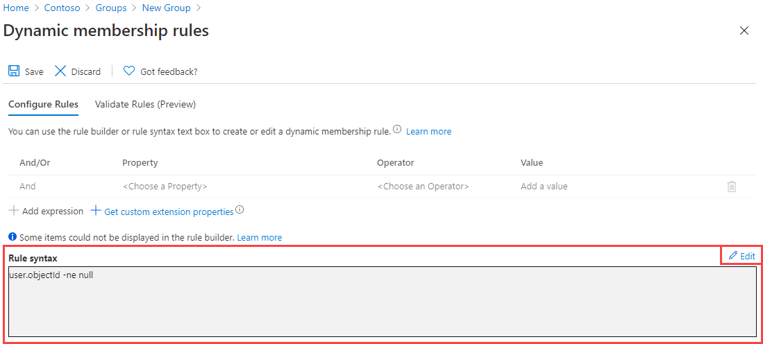 Capture d’écran des règles d'appartenance de groupe dynamique, avec la syntaxe de règle mise en surbrillance. Cela se trouve dans Microsoft Entra ID.