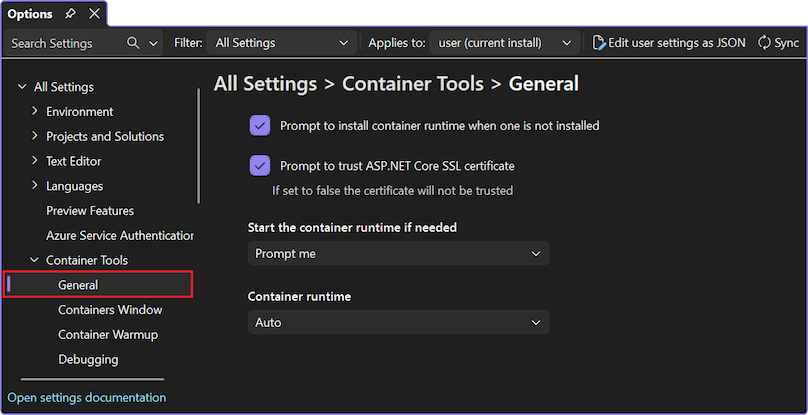 Capture d’écran des options Visual Studio Container Tools.