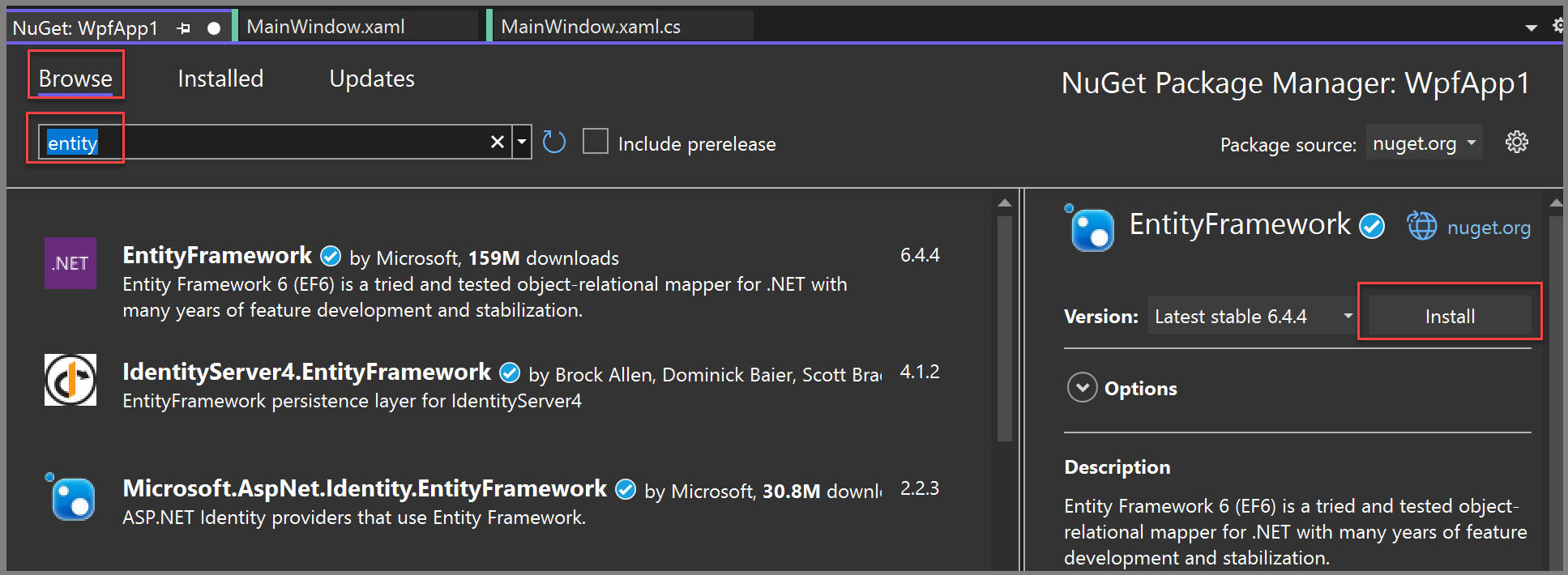 montrant le package NuGet Entity Framework.