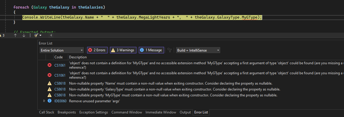 Capture d’écran du débogueur Visual Studio avec une ligne de code mise en surbrillance en rouge et une fenêtre liste d’erreurs avec deux erreurs répertoriées.