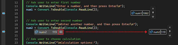 Capture d’écran montrant comment épingler une info-bulle de données et la déplacer vers n’importe quel emplacement dans l’éditeur de code.