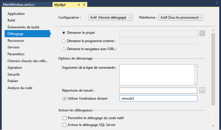 Capture d’écran de l’onglet Déboguer dans les propriétés du projet Visual Studio. La propriété Utiliser l’ordinateur distant est définie sur « MJO-DL:4022 ».