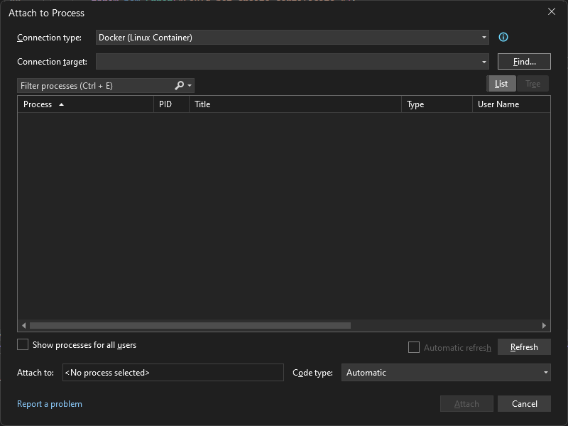 Capture d’écran de la boîte de dialogue Attacher au processus dans Visual Studio montrant un type de connexion de Docker (conteneur Linux).