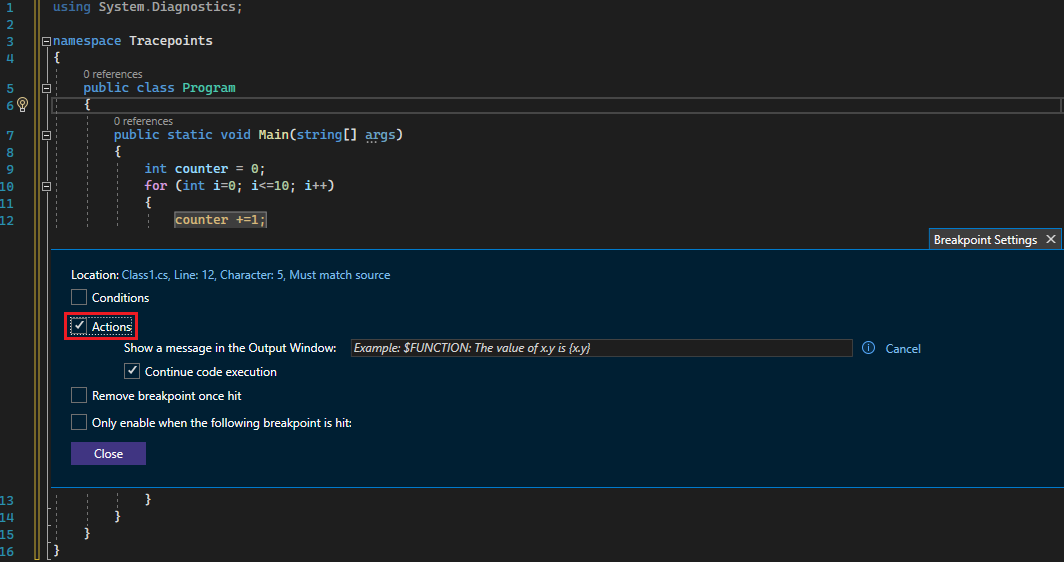 Capture d’écran de la fenêtre point d’arrêt avec la case Actions activée.