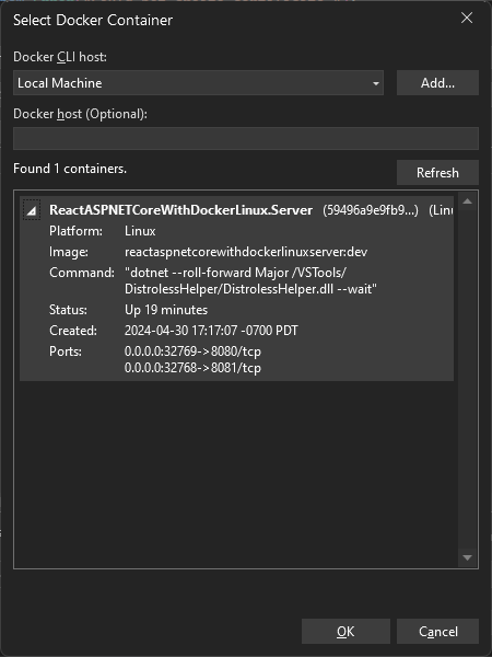 Capture d’écran du menu de sélection de conteneur Docker.