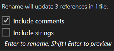 Capture d’écran de la zone contextuelle Renommer dans Visual Studio 2022.