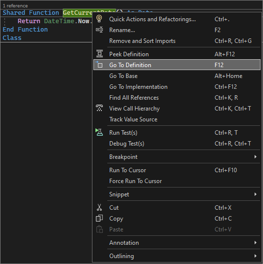 Capture d’écran montrant Atteindre la définition dans Visual Studio.