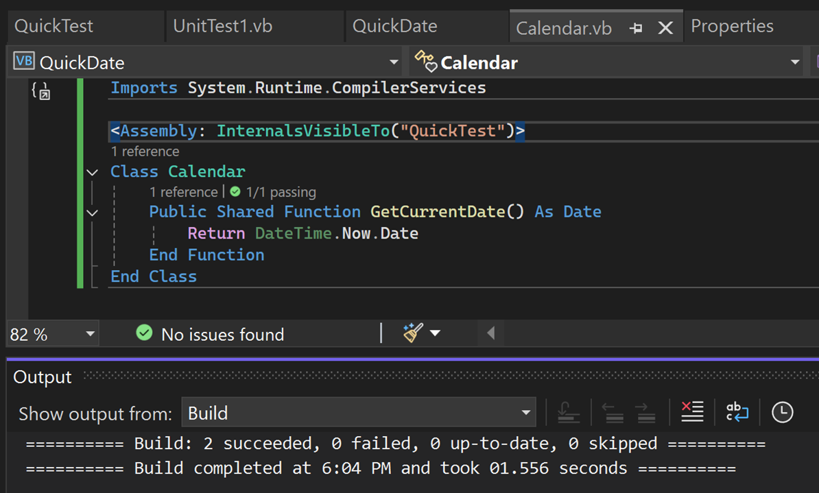 Capture d’écran de la fenêtre Sortie dans Visual Studio.